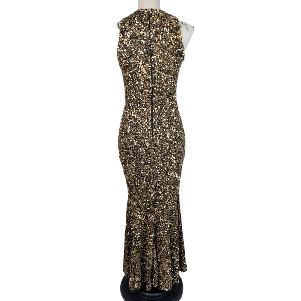 Theia Gold Sequin Gown Size 4 Black Gold Sleeveless Mermaid Maxi Dress - Picture 2 of 16